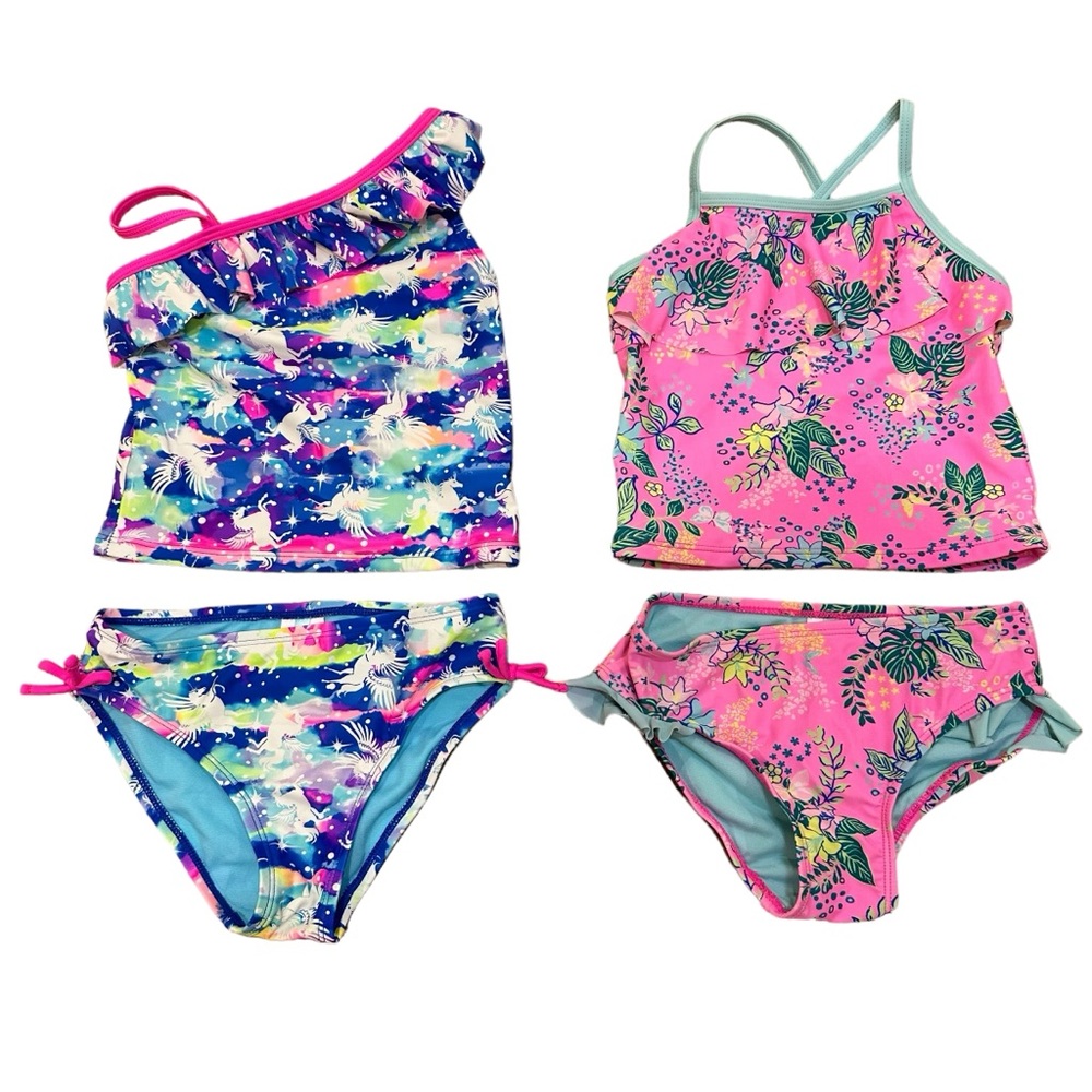 Breaking Waves Girls Tankini Swimsuits, Pink and Blue, Size 6